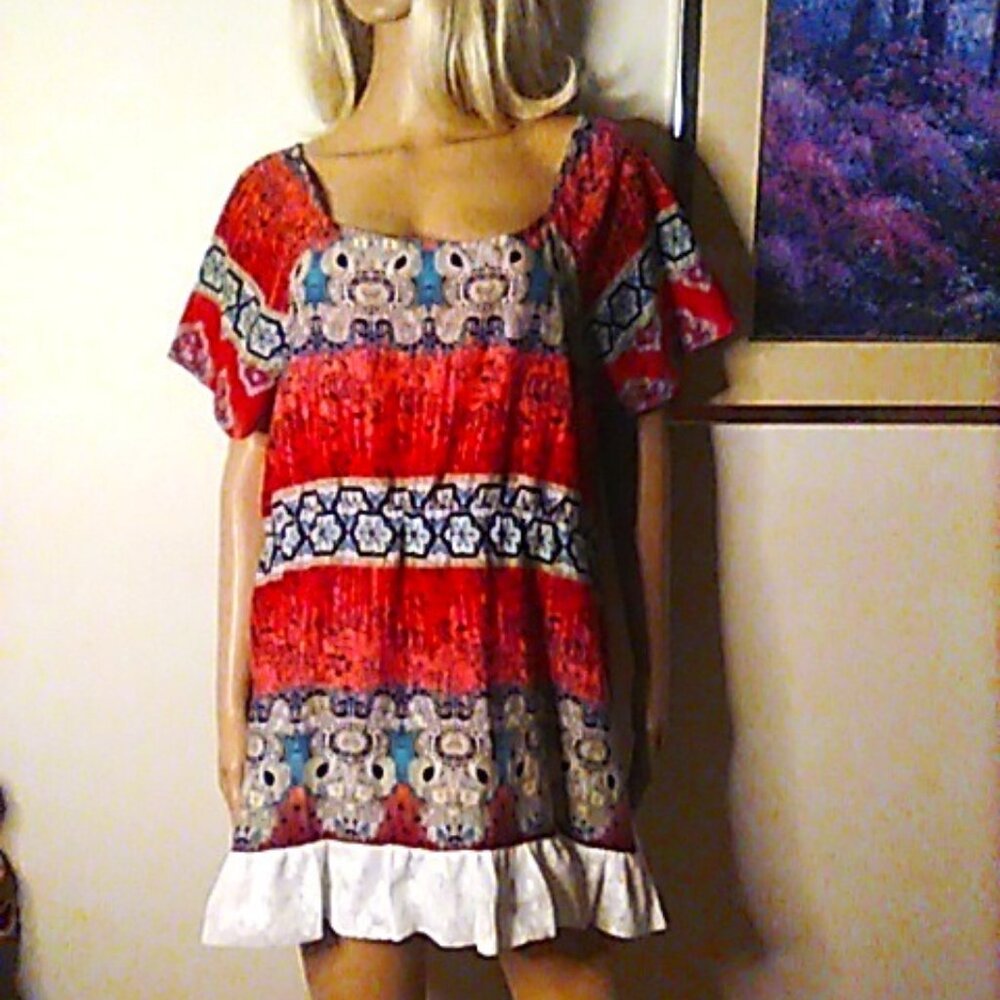 Mini Dress/Tunic With Lace Ruffle XL & Under Red Upcycled One of a Kind